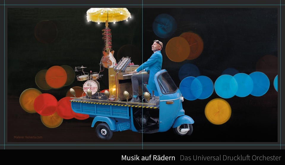 Musik auf Rädern - Das Universal Druckluft Orchester Klaus Peter Till Das Universal Druckluft Orchester A unique ensemble of mechanical music machines and their  musical operator present: "Music On Wheels" Most beautiful melodies and swift rhythms presented in a  dignified manner. A musical evergreen. For wherever air is found. The maverick among tragic solo entertainers.   Full Show The musical operator and his mirthful orchestra entertain with particular flair to an attentive audience. Following The Vibe A unique ensemble of mechanical music machines and their musical operator present: Music On Wheels Most beautiful melodies and swift rhythms presented in a dignified  manner. A musical evergreen. For wherever air is found. A varied, tactful according to inclination the following will be varied  and offered: The audience is encouraged to pursue  its favoured courtship ritual. Smooth Entertainment Light “conversational music“ allows guests to enjoy conversation while the orchestra plays.