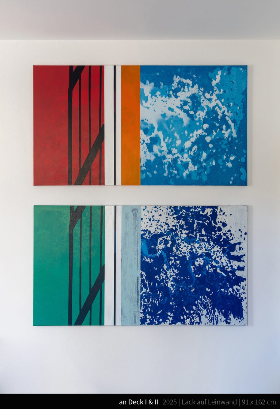 an Deck I + II - Ein Bild ist wie ein neues Fenster im Haus, in dem du lebst. Es kann Ausblick und Einblick sein. Es kann dir die Welt zeigen und von dieser, aber auch von dir erzählen.  Wer (zuhause immer ein) Meer hat, braucht weniger.  »Wir alle sind zu unseren Reisen aufgebrochen ... ziehen mit der Strömung dahin, fort und hinaus ins weite Blau, in die angstvolle Einsamkeit der Freiheit, durch die ein jeder selbst steuern muss. Doch - ein tröstlicher Gedanke - es gibt Inseln.« Charmian Clift