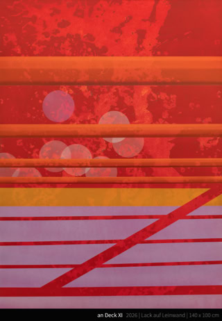 an Deck XI - In meinem Kunstwerk fange ich die flüchtige Begegnung zwischen Realität und Traum ein. Dieses Gemälde spricht von einer Schwelle, einem Moment des Übergangs, wo das Sichtbare ins Unsichtbare mündet. Mit lebendigen Farben und der Andeutung einer Bewegung, die unter der Wasseroberfläche verborgen bleibt, lade ich den Betrachter ein, sich seiner eigenen Gedanken und Träume hinzugeben. Das Werk bringt eine beruhigende, doch dynamische Energie in jeden Raum, ein Gespräch zwischen dem Geheimnisvollen und dem Bekannten.