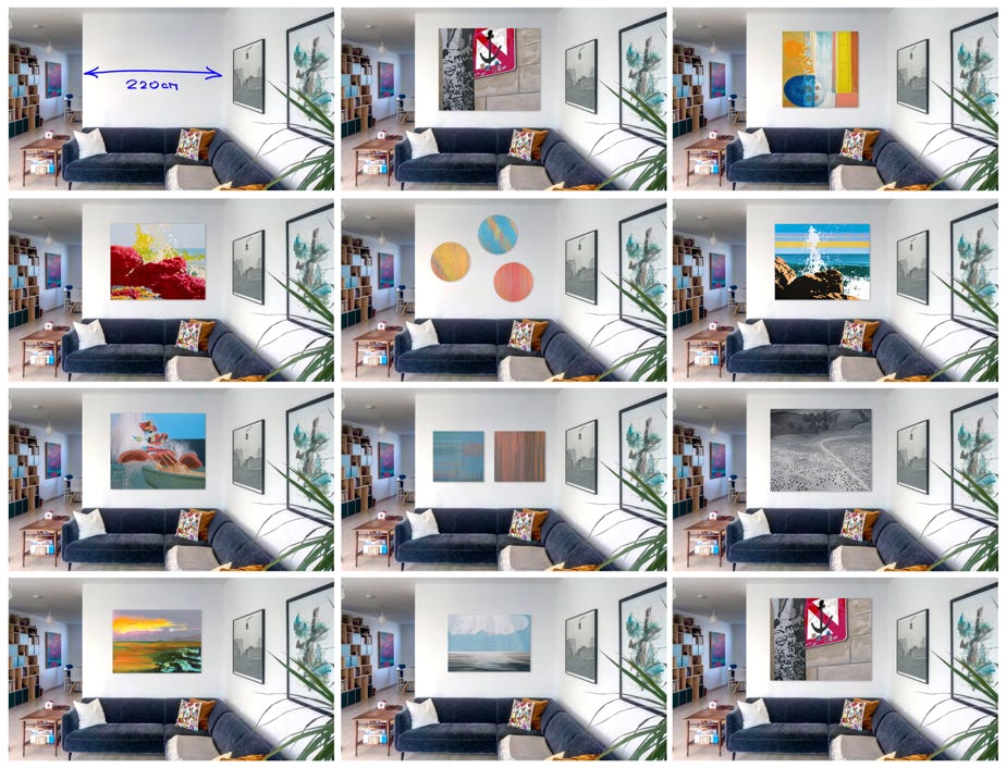 Probe "hängen" via Photoshop - Send me a head-on photo of a wall with its dimensions, where you can imagine my paintings, along with a selection of your favorites! I would be happy to "hang" them for you using Photoshop to try out.